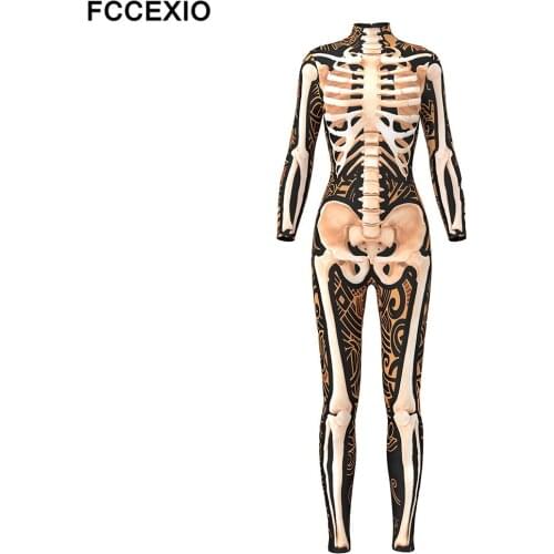 FCCEXIO Halloween Party Cosplay Costumes Women Skeleton Bones Print Catsuits Adult Fashion Gothic Bodysuits One-piece Clothing