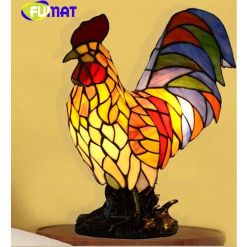 FUMAT Tiffany Stained Glass Golden Chicken Table Lamp Cock Decoration Art Special gift Villa Living room Bedroom Lamp
