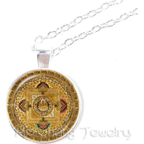 Indian Necklace Silver Plated Chain Long Necklace Mandala Jewelry for Women Glass Dome OM Yoga Pendant