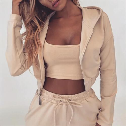 Women Autumn Sporting 2 Piece Sets Clothes Sportwear Short Hooded Zip Jackets Top + Solid Apricot Jogger Cargo Pants Tracksuits