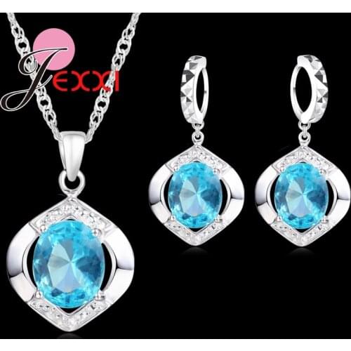 Classic 100% 925 Sterling Silver Top Grade AAA++ CZ Zircon Wedding Engagement Necklace+Hoop Earring Blue Jewelry Sets Gifts