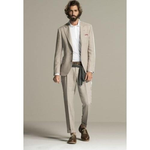 Tailor Beige Linen Summer Beach Mens Suit Groom Tuxedos Groomsmen Wedding Blazer Suits For Men Stylish 2pieces (Jacket+Pants)