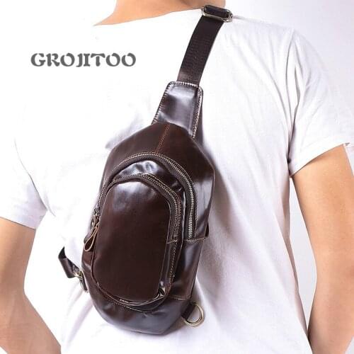 GROJITOO Leather waist bag top layer leather Single Shoulder Messenger Bag mens leisure fashion sports bag mens small bag