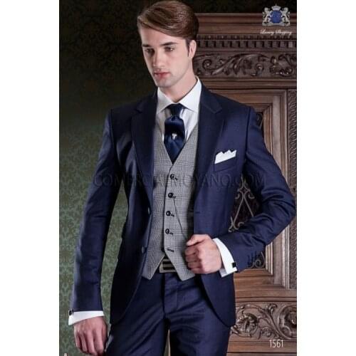 Fashionable Two Buttons Navy Blue Groom Tuxedos Groomsmen Notch Lapel Mens Suits Blazers (Jacket+Pants+Vest+Tie) W:989
