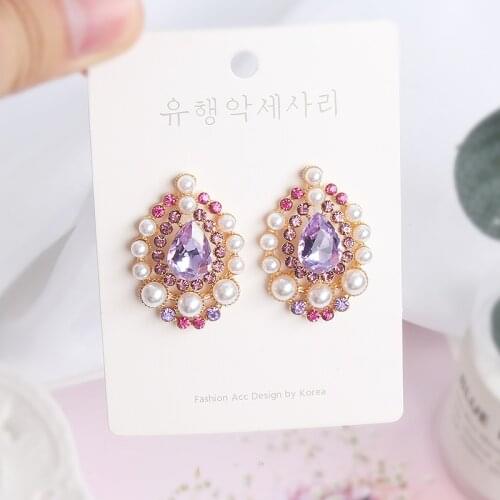 MWSONYA 2020 Korean Elegant Pearl Waterdrop Purple Crystal Dangle Earrings for Women Girls Fashion Oval Party Stud Jewelry