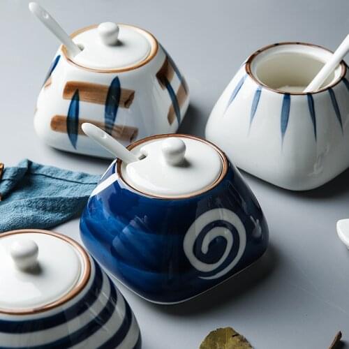 Retro Hand-painted Ceramic Spice Jar with Lid and Spoon Spice Container Seasoning Box Kitchen Utensils H105