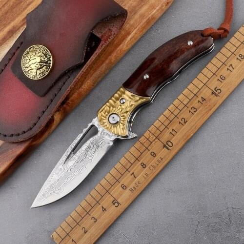Vg10 core layer Damascus steel hunting outdoor camping knife brass head wooden handle self-defense rescue EDC folding knife