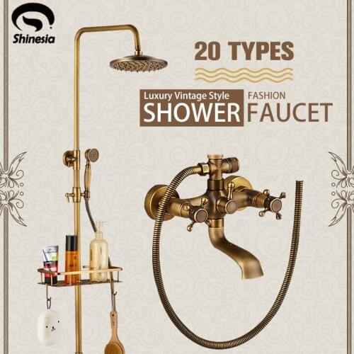 Shinesia Antique Brass Bathroom Shower Set Faucet With Commodity Shelf Hangers 8" Rainfall Head Wall Mounted Bath Mixer Tap