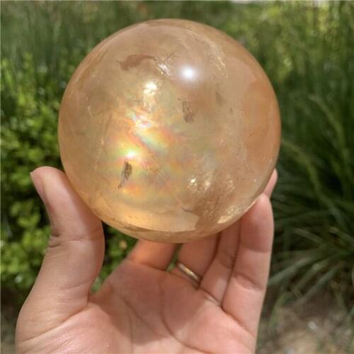Unique about 79mm natural dark yellow rainbow calcite sphere reiki healing crystals iceland spar ball for home decoration