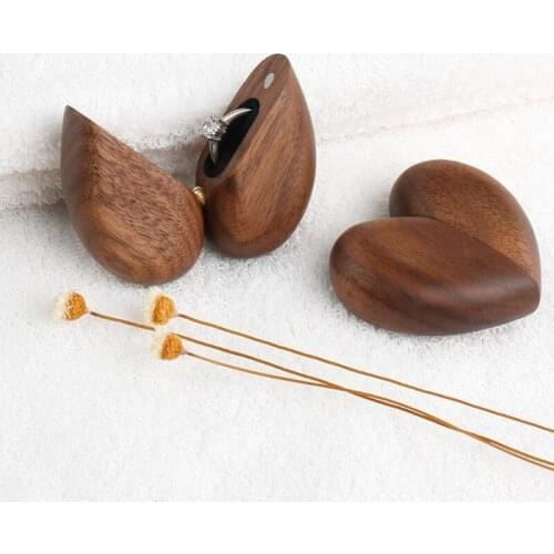 Heart Shaped Walnut Wood Ring Box Velvet Soft Interior Holder Organizer Jewelry Wooden Box Case for Proposal Engagement