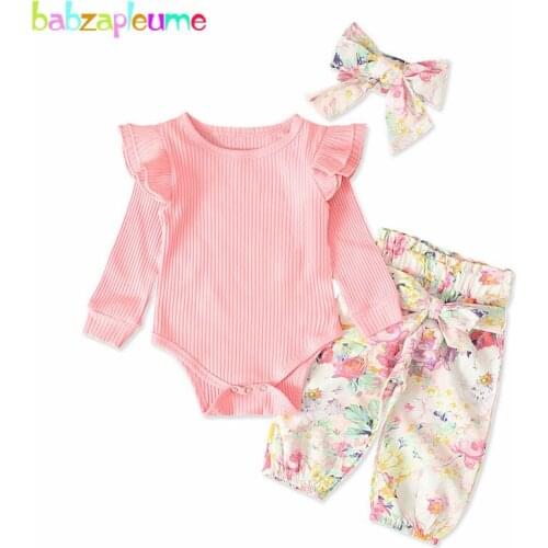 3Piece/Spring Outfits Newborn Baby Girls Clothes Long Sleeve Cotton Bodysuits+Flowers Pants+Headband Infant Clothing Sets BC1096