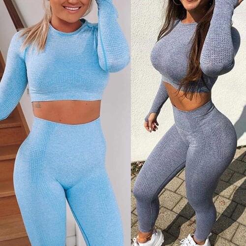 Womens Seamless Yoga Set Sport Suit Gym Wear Workout Clothes Long Sleeve Gym Crop Top High Waist Leggings Fitness Sports Wear