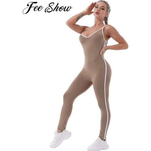 Women Summer Sport Jumpsuit V Neck Straps Sleeveless High Waist Stretchy Pants Fitness Jumpsuit Bodysuit for Gym Yoga Sportswear