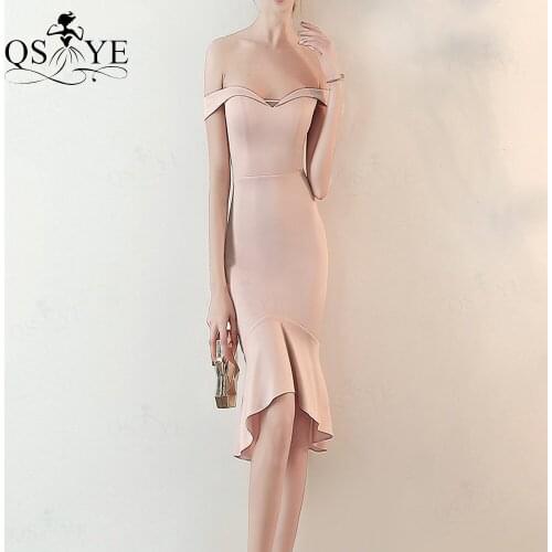 Pink Short Evening Dresses Off Shoulder Mermaid Prom Gown Stretch Side Sleeves Formal Dress Fit Women Slim Dress Short Vestido