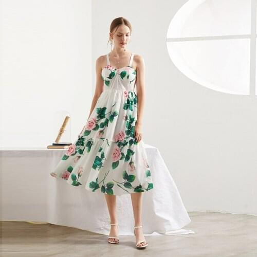 2021 Summer Fashion Runway Backless White Sexy Dress Womens Rose Print Spaghetti Strap Holiday Boho Dress Elgant Party Vestidos