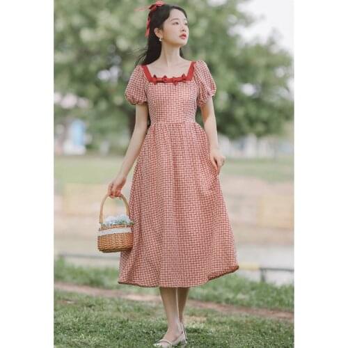 Summer Sweet Vintage Runway Dress 2021 Women Puff Sleeve Bowknot Cute Square Neck Elegant Literary Red Plaid Dress