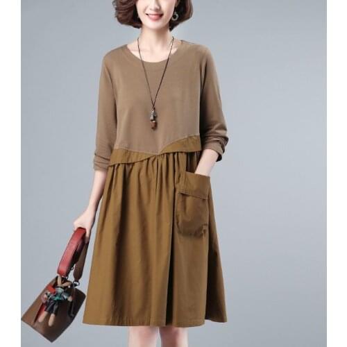 Dress Womens Long-Sleeve Spring Autumn 2021 New Ladies Temperament Loose Mother Round Neck Retro Stitching A-Line Dresses E525