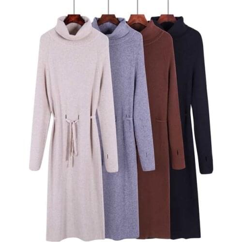 Thumb Hole autumn winter Women turtleneck long Sweater dress robe Knitted Sweaters Drawstring dress Femme Lace Up Loose Dress