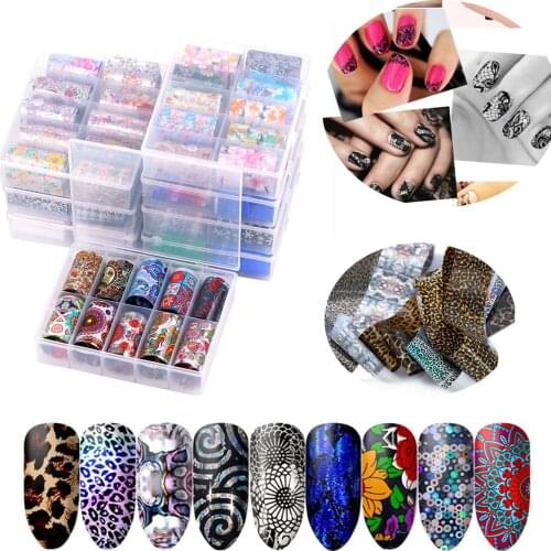 10 Rolls Flower Lace Nail Art Foil Stickers Tips Design Laser Nail Art Transfer Wraps Decals Starry Sky Manicure Decoration DIY