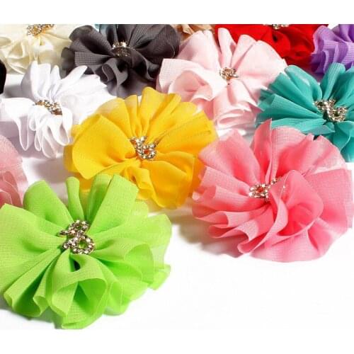 120pcs/lot 6.5cm 15colors Chiffon Flowers With Rhinestone Bow For Children Hair Accessories Fabric Flowers For Baby Headbands