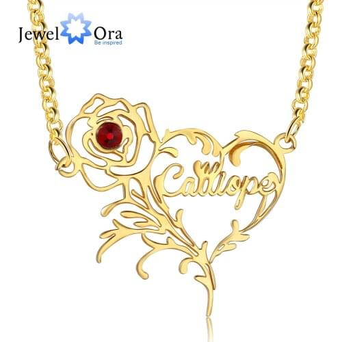 925 Sterling Silver Personalized Rose Flower Necklace with Birthstone Custom Nameplate Heart Pendant Mothers Valentines Day Gift