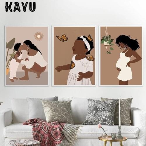 Abstract Mother and Son Print Black African Woman Poster Pregnant Boho Wall Art Canvas Painting Kid Toddler Nursery Decoration
