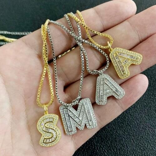 Iced Out Bling Baguette Clear CZ Paved DIY Letters Charm Choker With Box Chain Cubic Zircon Letter Charm Necklace For Women