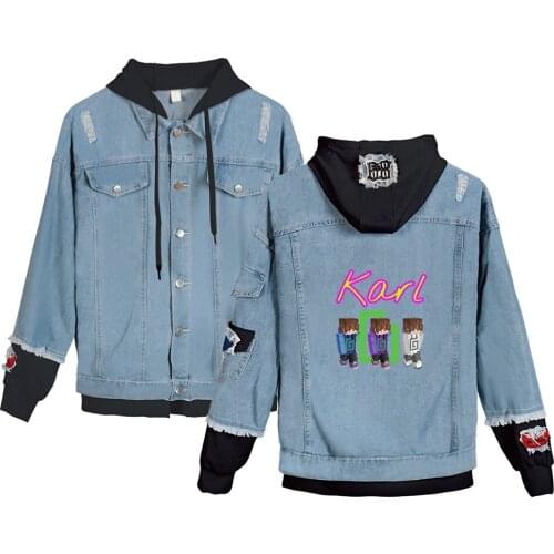 Karl Jacobs print autumn winter Holiday Men/Women Street clothes Denim Kawaii Hooded denim jacket
