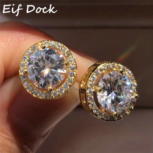 Eif Dock Luxury Crystal Round Stud Earrings Vintage Silver Color Wedding Jewelry Gold Zircon Stone Earrings For Women Female Gif