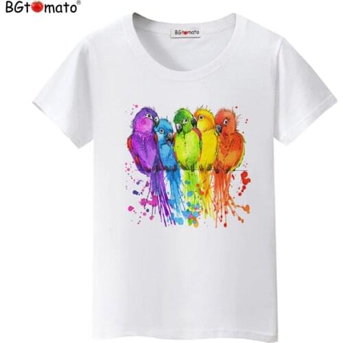 1BGtomato T shirt colorful birds rainbow tshirt women Beautiful art work clothes Hot sale comfortable tee shirt femme