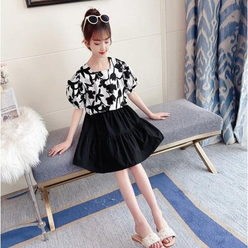 H978 summer girls T-shirt+skirt 2Pcs kids clothes sets fashion print pattern Embroidery Children clothing suit baby 2-10 years