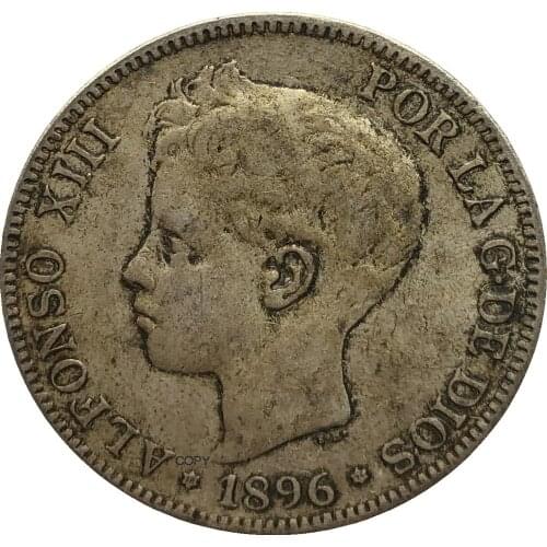 Spain 1896 5 Pesetas Alfonso XIII 3rd portrait RE Y CONST L DE ESPANA Cupronickel Silver Plated Copy Coin With Letter Star Edge