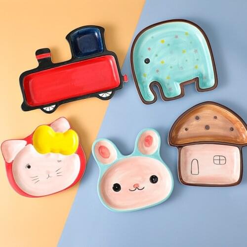 Ceramic Plate Cartoon Children Plate Hand Drawn Creative Tray Cute Rabbit Snack Breakfast Pan Food Storage Plate for Children