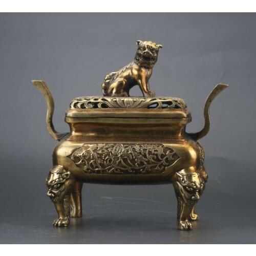 Chinese Brass Hand-Carved Incense Burner & Brave Troops Lid XuanDe Mark