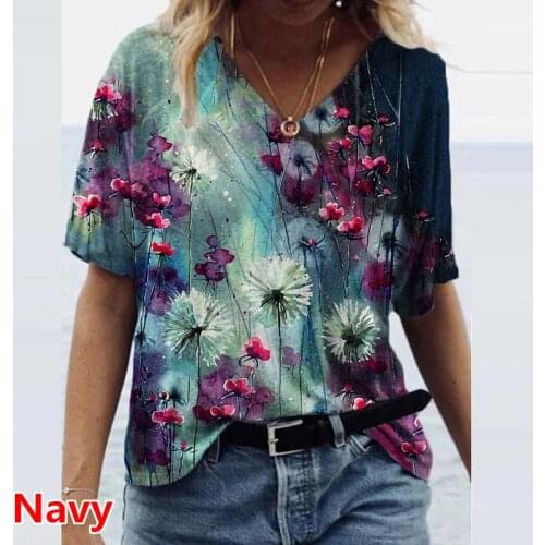 Summer T-Shirt Women 2021 Harajuku Flower Plant Print V-Neck Tee Shirts Female Casual Short Sleeve Loose Blouses Tops Streetwear