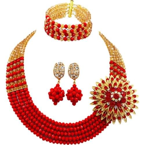 Fashion Gold AB Opaque Red Crystal Beaded Necklace Nigerian Wedding African Beads Jewelry Set for Women 5L-SXJB04