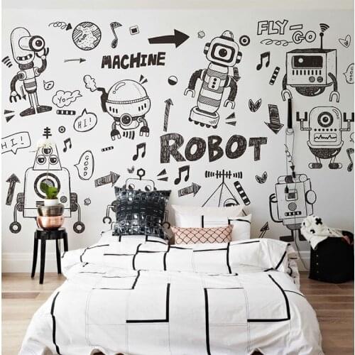 Cartoon black and white Wallpaper Mural 3d Wall Photo Mural for Kids Room Sofa Background 3d Robot Wall paper Mural Decor
