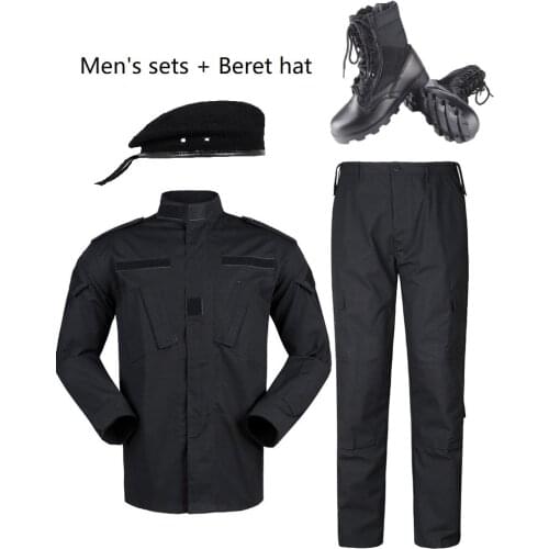 Mens Sets Black Army Uniform ACU Ribstop Military Uiforms With Beret Hat SWAT boots