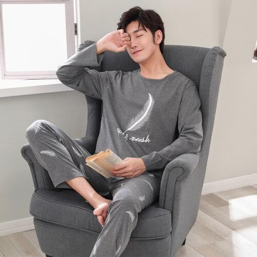 Plus Size 4XL Mens Pajamas Homewear Autumn Cotton Pajamas Set with Pants Male Sleepwear Long Sleeve Cotton Home Clothes for Men