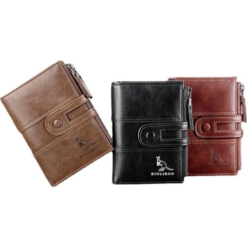 New Male RFID Blocking Leather Wallet Mens Vertical Snap Zipper Coin Purse Wallet Business Credit Card Holder High Quality