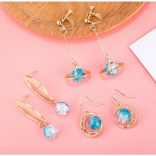 New Korean Carystal Lovely Blue Universe Planet Star Drop Earrings Space Hollow Out Earrings For Women Party Dress Girl Gift