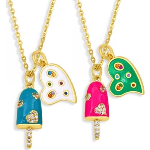 FLOLA Copper CZ Ice Cream Necklace Small Heart Colorful Gold Chain Enamel Pendant Necklace Accessories For Women nkey05