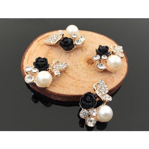 10Pcs/Lot 1.8CM*2.2CM Gold Alloy Black Rose Flower Pearl Rhinestone Embellishment Buttons Hair Decoration Accessories
