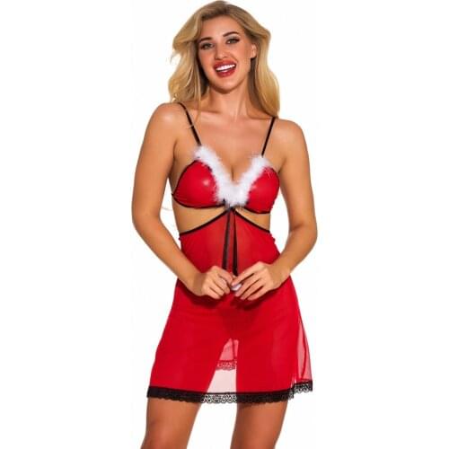 Sexy Women Christmas Backless Feathers Deep V Neck Plush Lingerie Hollow out Short Mini Nightdress G-String Slim Babydolls