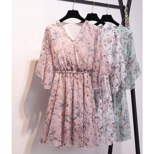Chiffon Women Summer Dress 2021 New Flare Sleeve Floral Print Dress Female Elegant Party Dresses Ladies Clothes Vestidos robe