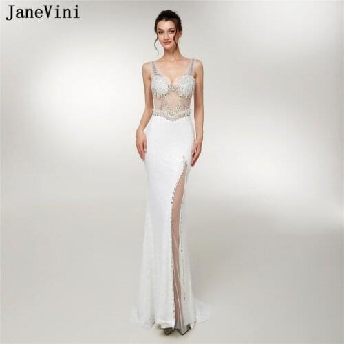 JaneVini Chic White Mermaid Sequined Bridesmaid Dresses with Crystal Beaded V Neck High Split Sexy Prom Gowns Formal Party Wear