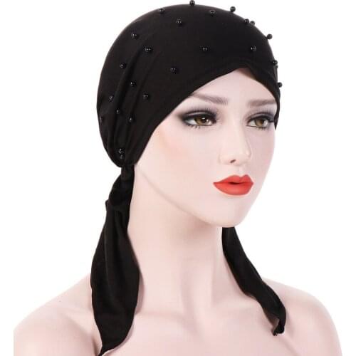 Women India Beading Hat Fashion Muslim Stretch Turban Hat Cotton Hair Loss Head Scarf Wrap Chapeu Feminino#W