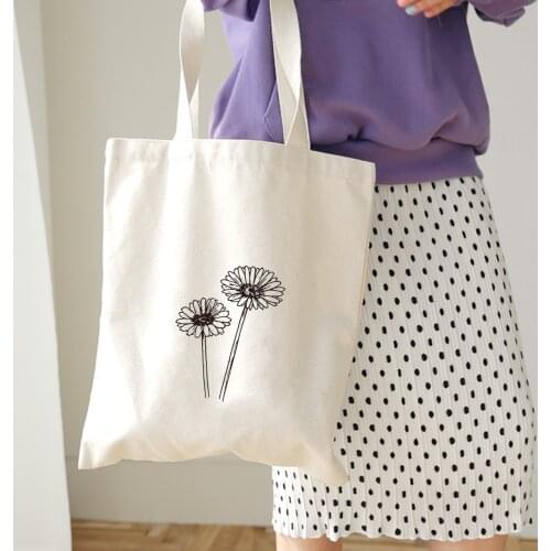 Plant Flower Print Women Student Shoulder Tote Handbag Eco Shopping Large Capacity Canvas Line Drawing Literary Art Harajuku