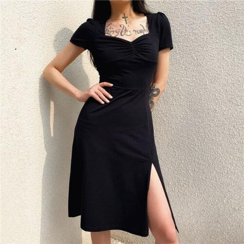 Slit Design Square Neck Dress Women 2020 Summer New Style Womens Pleated A-Line Skirt With Waist Slimming And Thin Womens Clot