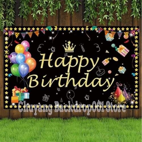 Gold Black Glitter Happy Birthday Photography Backdrop Banner Hanging Photo Booth Background For Birthday Party Decoration